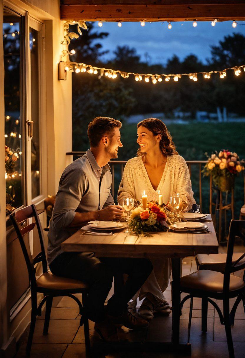 A romantic scene of a beautifully set dinner table adorned with flickering candles and lush floral arrangements, set against a warm sunset backdrop. A couple is seen sharing an intimate moment, laughing and enjoying delectable gourmet dishes, with soft fairy lights twinkling overhead. The ambiance is cozy and inviting, emphasizing the essence of intimacy and togetherness. warm colors, soft focus, painting.